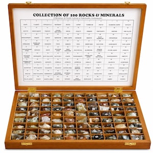 Può includere: Una scatola di legno aperta con l'etichetta "COLLECTION OF 100 ROCKS & MINERALS". All'interno, una collezione di rocce e minerali, ognuno in un compartimento separato. La scatola mostra la collezione.