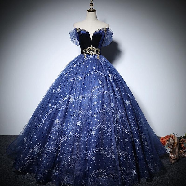 Vestido largo azul con lentejuelas brillantes para mujer, vestido de fiesta con hombros descubiertos y estrellas, azul marino brillante, para cumpleaños y eventos.