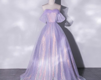 Off Shoulder Purple Glitter Princess Prom Dress Shiny Sequins Wedding Birthday Party Long Dress