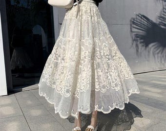 Beige Lace Flower Long Skirt Birthday Party Travel Summer Skirt For Daughter