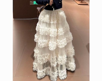 Women Layered Ruffle Maxi Long Tulle Skirt Birthday Dance Wedding Party Long Skirt For Wife Girl Friend Daughter Gift
