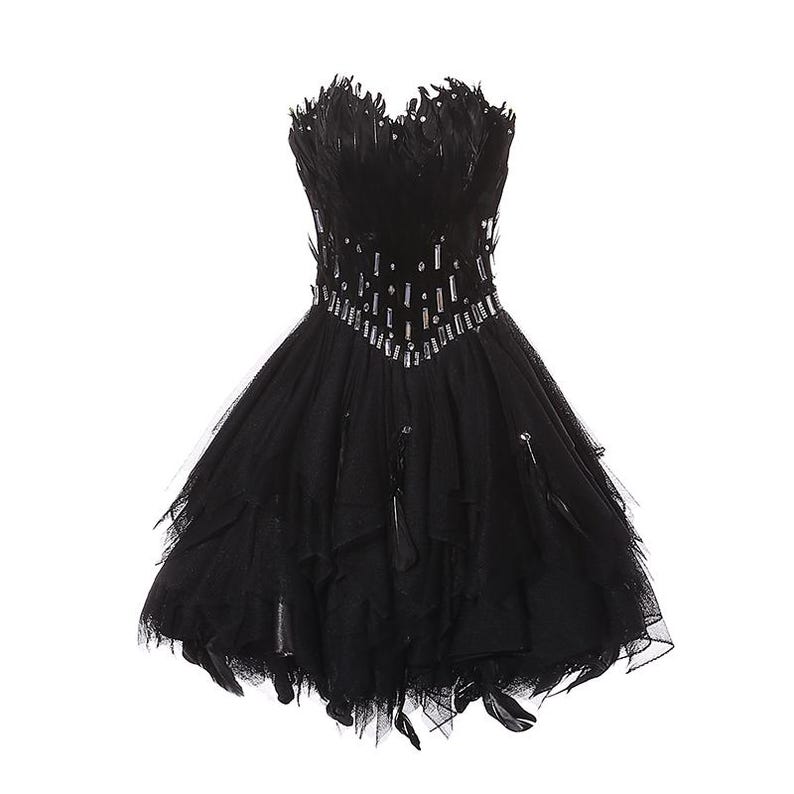 May include: A strapless black dress with a sweetheart neckline, adorned with feathers and sparkling embellishments. The bodice is fitted, transitioning into a layered tulle skirt. Feathers are also placed on the skirt.