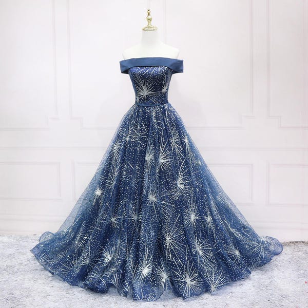 Vestido largo azul marino brillante con lentejuelas y cola para mujer, ideal para fiestas de cumpleaños y eventos.