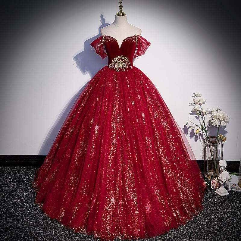 fitted lace wedding dress Sexy Prom Dresses Scoop Ball Gown Burgundy Long Prom Dress/Evening Dre –  Anna PromDress main image 0