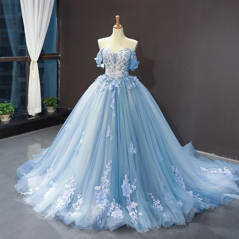 light blue ruffle prom dress Strapless Light Blue Tulle Ruffle Net Long Prom Dress, Strapless Blue –  abcprom