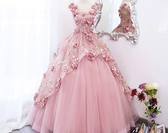 Women Pink Flower Princess Long Prom Ball Dress Floral Wedding Birthday Event Party Long Dress