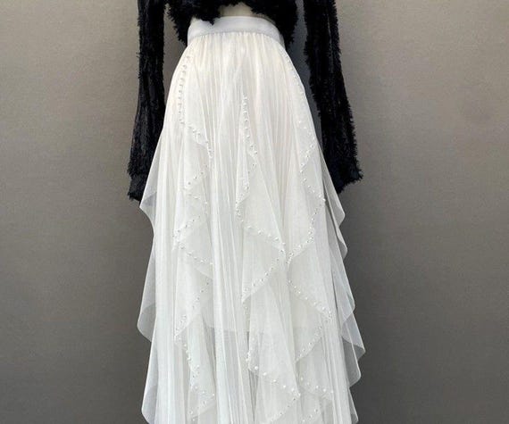Women Ruffle Beads Pleated Tulle Long Skirt Birthday Dance Event Party Long Skirt Summer Vacation Skirt