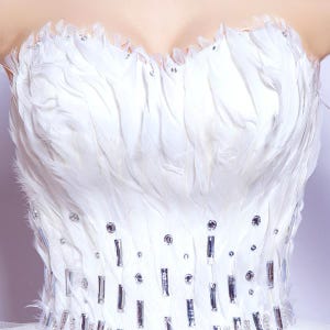 May include: A white bodice with a sweetheart neckline, adorned with feathers and sparkling embellishments. The bodice is covered in white feathers, with clear, rectangular and round rhinestones. The overall design suggests a formal or bridal garment.