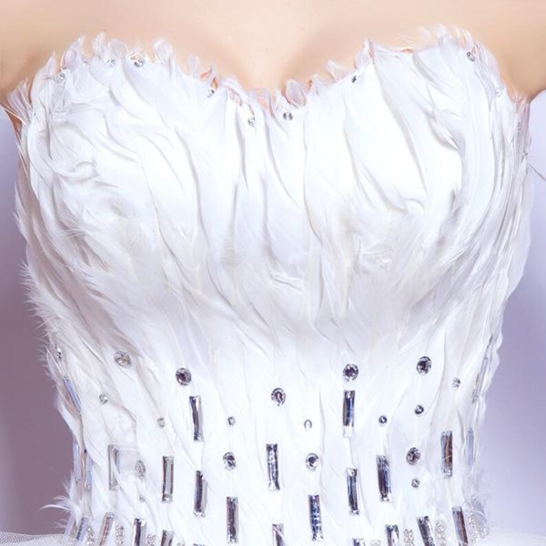 May include: A white bodice with a sweetheart neckline, adorned with feathers and sparkling embellishments. The bodice is covered in white feathers, with clear, rectangular and round rhinestones. The overall design suggests a formal or bridal garment.