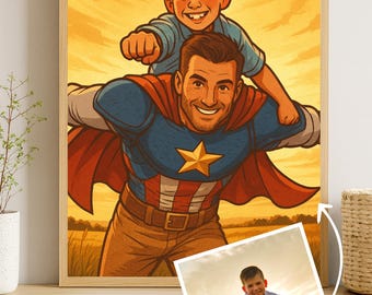 Custom Dad and Two Son Superhero Cartoon Portrait, Superhero Portrait, Gift for Dad, Superhero Caricature, Super Dad, Superhero Kids Cartoon