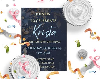 Blue Floral Birthday Invitation Template: Editable Canva Party Invite (Digital Download)