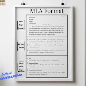 Peut inclure: Une affiche encadrée intitulée « Format MLA » avec du texte détaillant la mise en forme des essais, les citations dans le texte et des exemples de pages de travaux cités. L'affiche est blanche avec du texte noir.