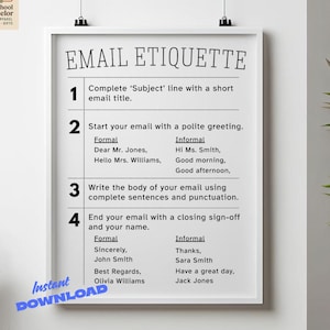 May include: A framed print titled "EMAIL ETIQUETTE" with instructions for writing emails. The poster includes guidelines for subject lines, greetings, body, and closing. The print is white with black text and is suitable for a home office or classroom.