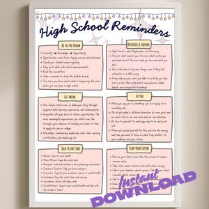 以下が含まれることがあります： 「High School Reminders」と題された額入りのポスター。黒とピンクのテキストで、学業、自己発見、将来の計画に関するセクションが含まれています。右下隅にはHigh School Counselorのロゴがあります。