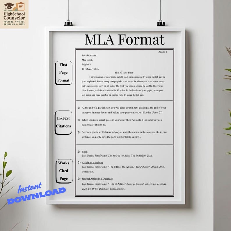 May include: A framed print titled "MLA Format" with text detailing essay formatting, in-text citations, and works cited page examples. The print is white with black text and is suitable for high school students.