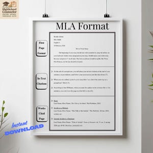 May include: A framed MLA Format poster with text including essay guidelines, in-text citations, and a works cited page. The poster has a white background with black text and a blue "Instant Download" graphic.