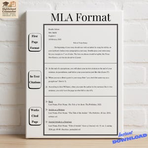 May include: A white poster with black text detailing MLA format guidelines. The poster includes sections on first page format, in-text citations, and works cited page, with examples. The words "MLA Format" are at the top.