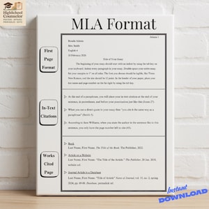 May include: A white poster with black text detailing MLA format guidelines. The poster includes sections on first page format, in-text citations, and works cited page. The words "Instant Download" are in the bottom right corner.
