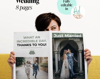 Puede incluir: Folleto temático de boda con el texto "Wedding 8 pages" y "Fully editable in Hd". El folleto presenta fotos de boda y el texto "WHAT AN INCREDIBLE DAY. THANKS TO YOU!" y "Just Married".