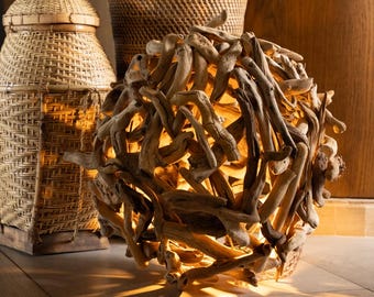Large Driftwood Sphere Lamp | Coastal Table or Pendant Light | Rustic Wall Decor Lighting