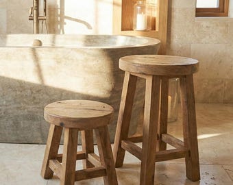 Reclaimed Wood Bathroom Stool | Rustic Living Room Side Table