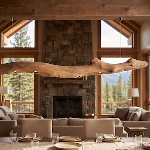 Può includere: Una lampada a sospensione lineare realizzata con un unico pezzo di legno naturale color marrone chiaro, sospesa tramite due sottili cavi metallici. Il legno presenta diversi faretti circolari incassati che emettono una luce calda.