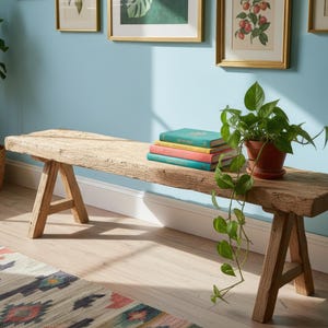 May include: A rustic wooden bench with A-frame legs. The bench is topped with a stack of colorful books and a potted plant with trailing vines. Botanical prints in gold frames hang on a light blue wall.