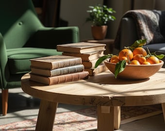 Mesa de centro redonda em madeira maciça | Mobiliário orgânico moderno estilo japonês wabi sabi para sala de estar