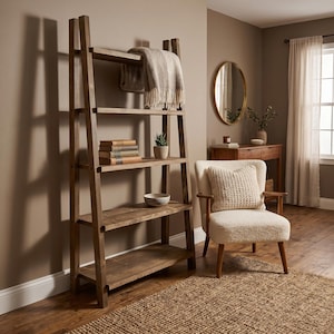 Può includere: Una libreria in legno a forma di scala con quattro ripiani, contenente libri, una piccola pianta e una ciotola decorativa. Una coperta beige poggia sulla parte superiore. Nelle vicinanze si trova una poltrona color crema con un cuscino lavorato a maglia, con uno specchio rotondo sulla parete.