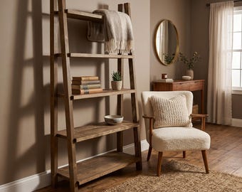 Rustic Wooden Ladder Shelf | Leaning Bookshelf | Farmhouse Storage Wall Rack