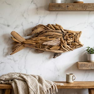 Puede incluir: Una escultura de pared con forma de pez construida con numerosos trozos de madera flotante de color marrón claro. Los fragmentos de madera individuales están superpuestos y dispuestos para formar la silueta de un pez, con cola, aletas y boca abierta.