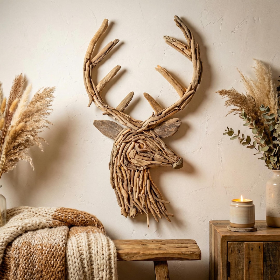 Driftwood Deer Wall Art | Wood Animal Wall Fixture | Rustic Home ...