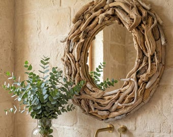 Driftwood Round Mirror | Coastal Rustic Wall Mirror | Reclaimed Wood Hanging