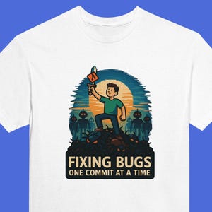 May include: White t-shirt with a graphic featuring a person holding a sword, standing on bugs, with the text "FIXING BUGS ONE COMMIT AT A TIME". The design includes a sunset and silhouettes.
