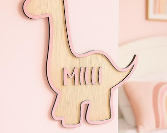 Cartello personalizzato con nome a tema dinosauro: decorazione per la cameretta in acrilico e legno.
