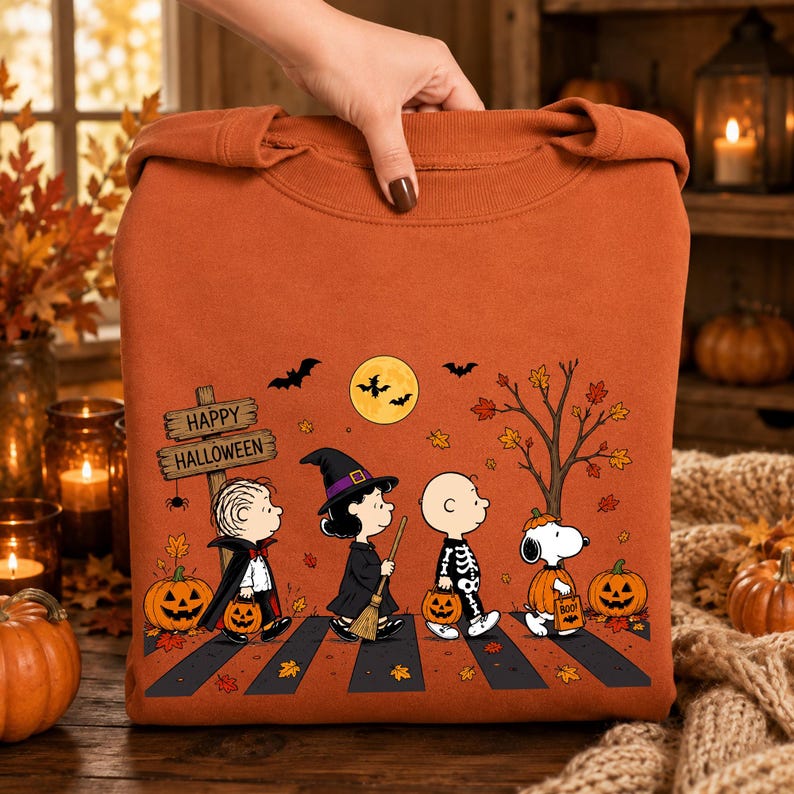 May include: An orange crewneck sweatshirt featuring a graphic of Peanuts characters dressed in Halloween costumes walking on a crosswalk. The design includes a wooden sign reading Happy Halloween, a full moon, bats, trees, and pumpkins.