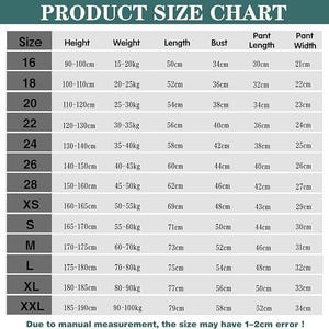 May include: A product size chart with measurements in centimeters and kilograms. The chart includes sizes from 16 to XXL, listing height, weight, length, bust, pant length, and pant width. The text at the bottom states that the size may have a 1-2cm error.