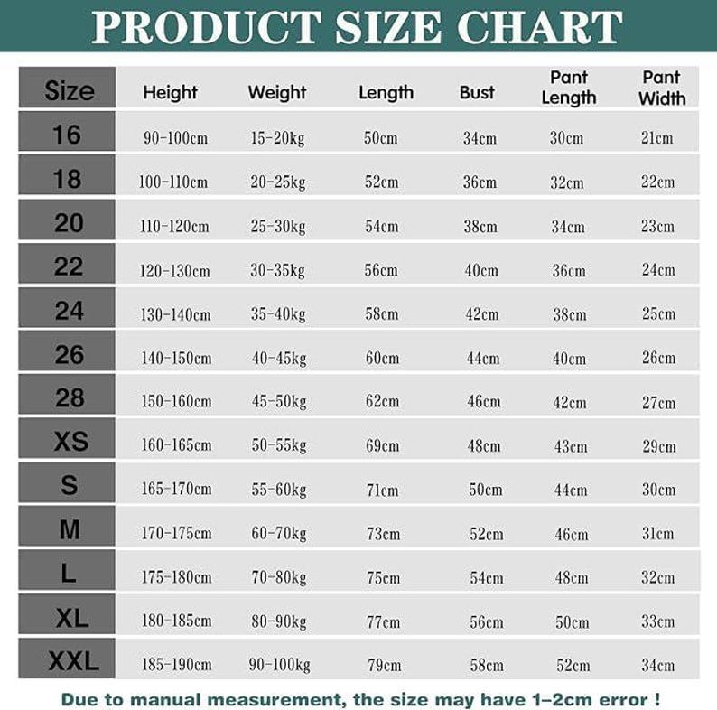 May include: A product size chart with measurements in centimeters and kilograms. The chart includes sizes from 16 to XXL, listing height, weight, length, bust, pant length, and pant width. The text at the bottom states that the size may have a 1-2cm error.