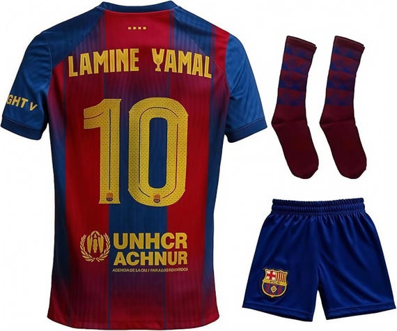 Maillot Football Enfant Lamine Yamal 19 Rouge 100% Polyester Maillot Barcelona Yamal #19 Enfant - Rouge 2025-26 Avec Short Maillot De Foot Barcelone