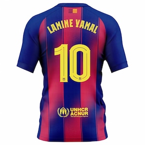 May include: A blue and red striped soccer jersey with the name "LAMINE YAMAL" and the number "10" in yellow. The jersey also features the UNHCR ACNUR logo and a small flag emblem.