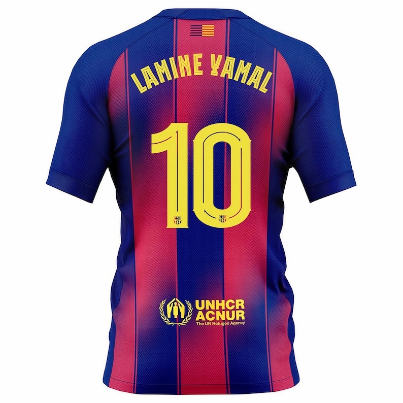 May include: A blue and red striped soccer jersey with the name "LAMINE YAMAL" and the number "10" in yellow. The jersey also features the UNHCR ACNUR logo and a small flag emblem.