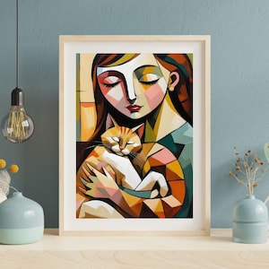 Cubism Woman and Cat Print: Abstract Geometric Art (Digital Download