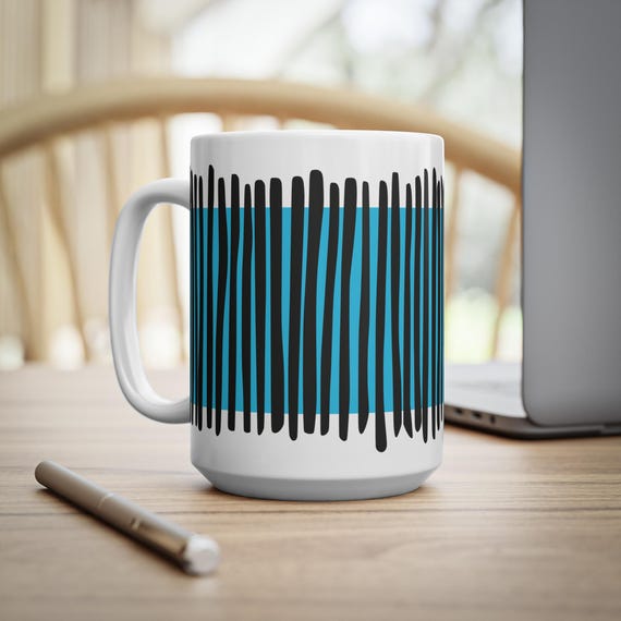 Ceramic Coffee Mug with Blue Stripe  Bauhaus Pattern Cup  Available in  11oz and 15oz  Dishwasher Safe, mugs for gifts