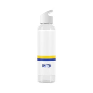 Puede incluir: Una botella de agua transparente con cuerpo blanco y tapa blanca. La botella presenta una franja amarilla y azul y la palabra "UNITED" en azul. La botella está diseñada para la hidratación.