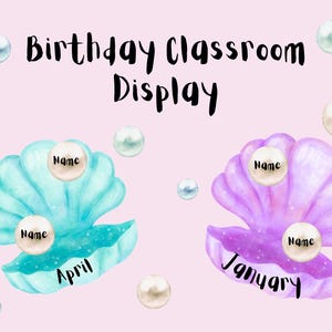 May include: A pink background with the words "Birthday Classroom Display" in black script. Two seashell illustrations, one teal and one purple, each with pearls labeled "Name" and the months "April" and "January". Several pearl accents.