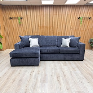 Chelsea Derwent Denim Blue Chenille Fabric Classic Back Jumbo Left Hand Facing Corner Chaise