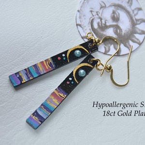 Celestial Jewellery Hand Painted Rectangle Wood Earring with Gold Crescent Moon Sequin Planet & Multi Coloured Ocean Waves