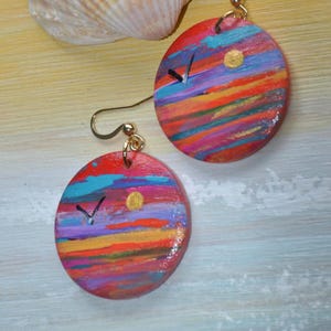 Tropical Sunset Seascape Earrings Hand painted Lightweight Wood with Gold Plated Hypoallergenic Stainless Steel Hooks