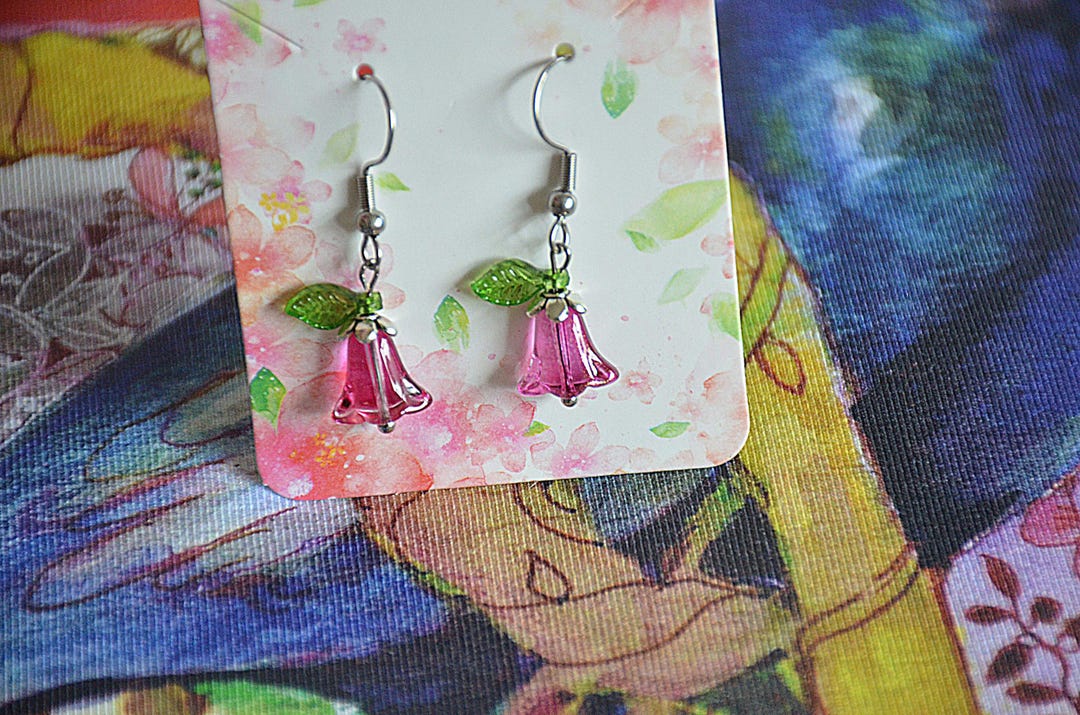 Handmade Raspberry Pink Czech Glass Bell Flower Earrings: Stainless ...