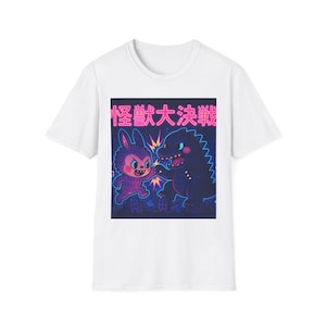 Labubu vs Godzilla NEON Monster Battle Tee, Kawaii Kaiju T-Shirt - Retro Japanese Monster Battle Shirt, Chibi Kaiju Graphic Tee Unisex